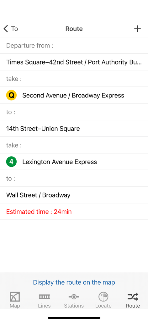 New York City Subway - New York City Subway app journey planner showing route directions and estimated travel time from Times Square to Wall Street.
