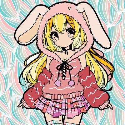 pretty anime girl wearing a fluffy hoodie with bunny ears on the hood and a skirt