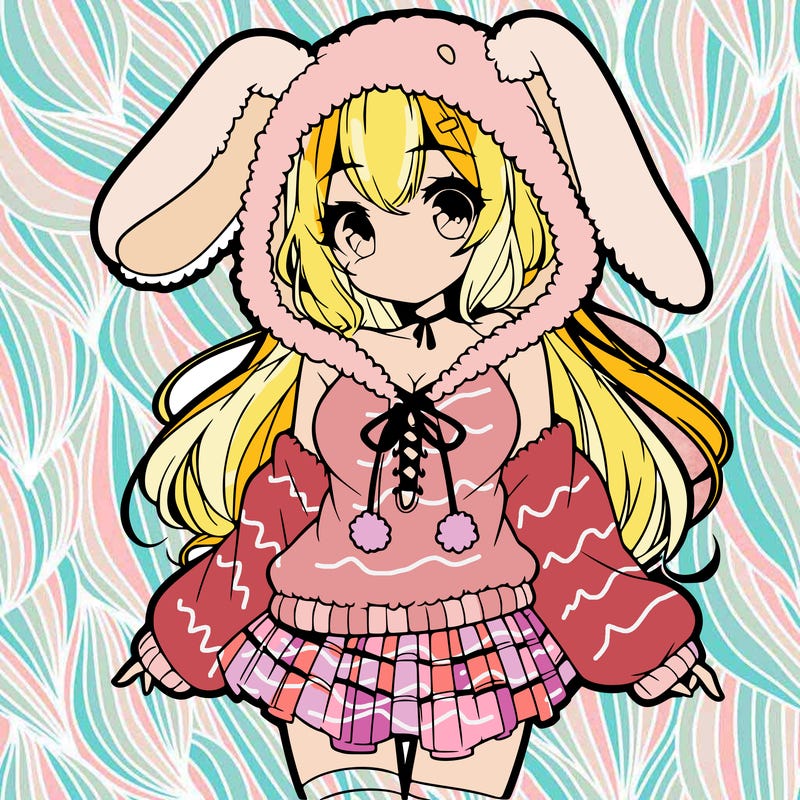 pretty anime girl wearing a fluffy hoodie with bunny ears on the hood and a skirt