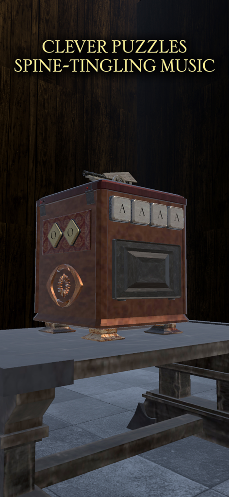 Una intrincada caja de puzle mecánico con botones de letras y detalles metálicos en una habitación de madera oscura