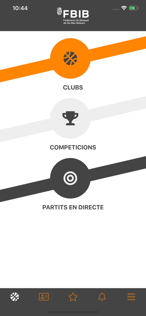 Pantalla de inicio de la aplicación de baloncesto FBIB con navegación para clubes, competiciones y partidos en vivo