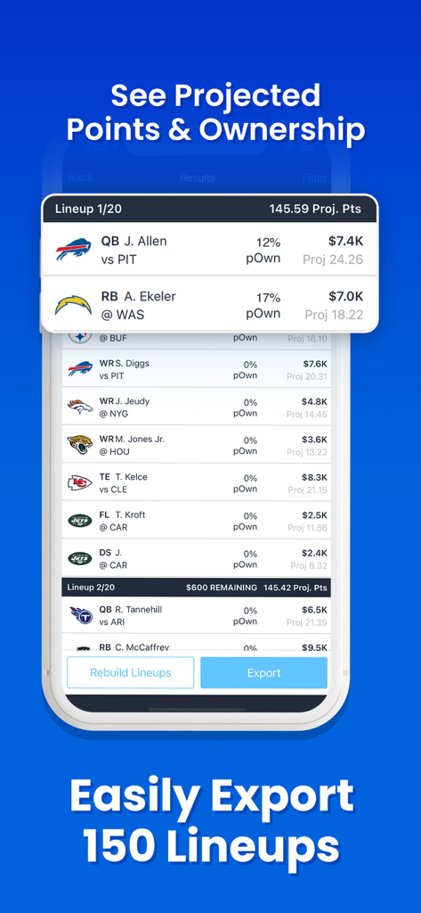 RotoGrinders Daily Fantasy - RotoGrinders mobile app interface showing projected fantasy sports points and ownership data with a button to export lineups