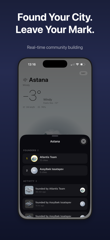Atlantis AI - 3D Weather App - iPhone screen displaying the city founders leaderboard and community activity feed within the Atlantis AI weather app interface