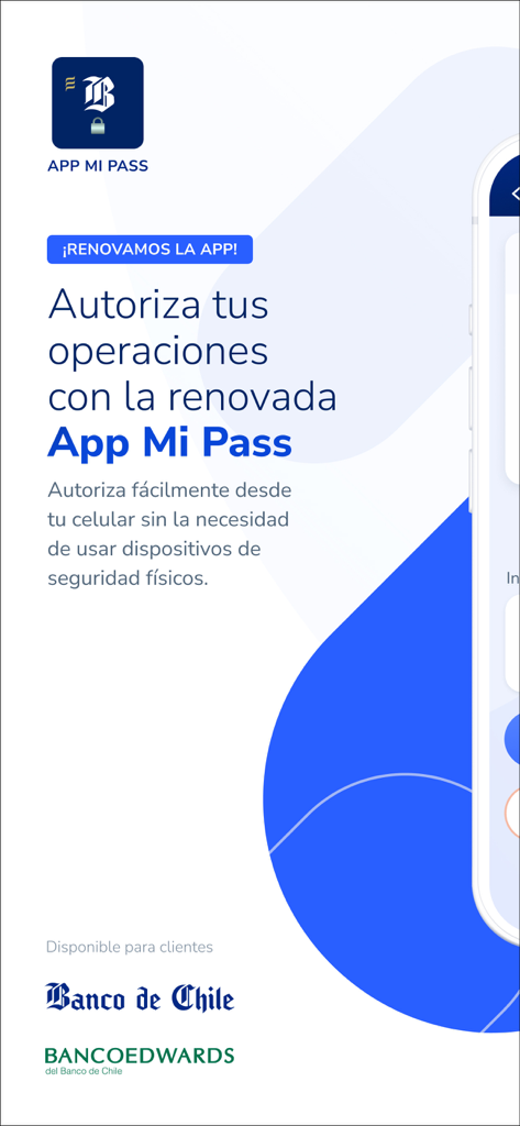 Promotional screen for Mi Pass app by Banco de Chile showing digital transaction authorization
