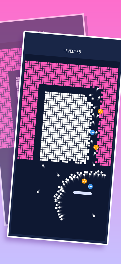 Mobile gameplay of Huge Bricks showing numerous balls bouncing and breaking pink and white bricks on level 158