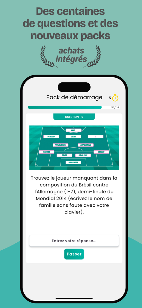 Quiz Football Club (Quiz FC) - A soccer trivia question in the Quiz Football Club app asking to identify a missing player from a team formation.