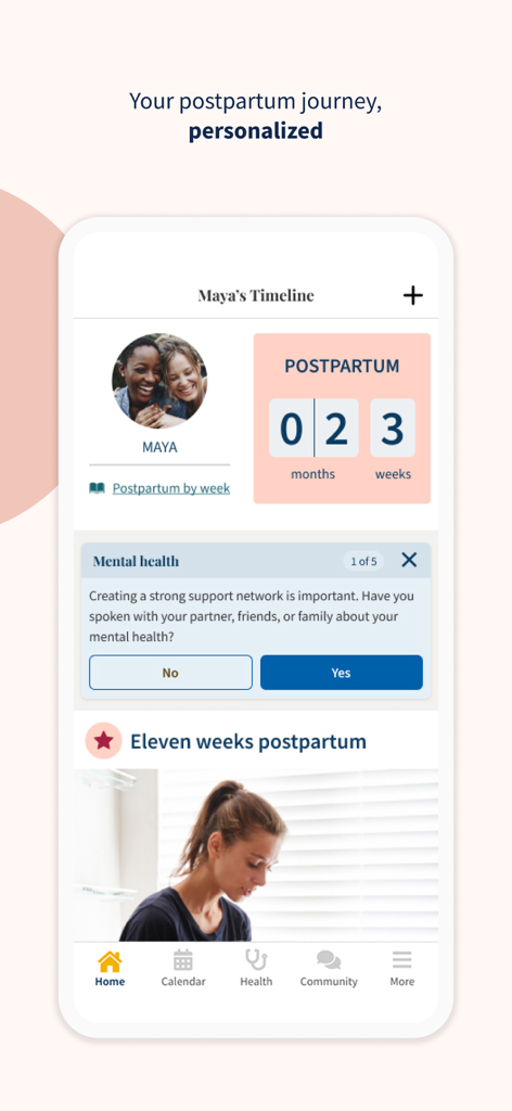 Ovia app screen showing a personalized postpartum timeline with weeks tracked and a mental health check-in.