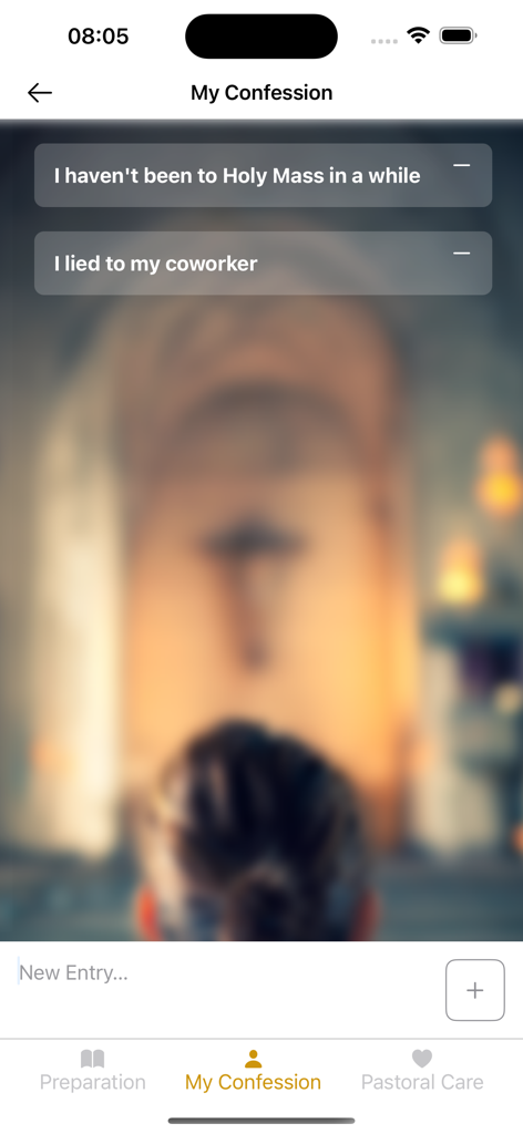 La pantalla Mi Confesión de la aplicación Espejo de Confesión mostrando una lista de pecados y reflexiones personales.