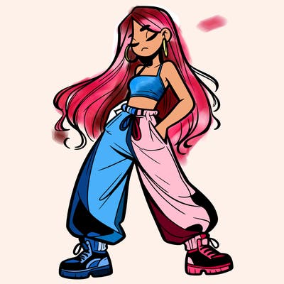 girl in baggy pants crop top and long hair