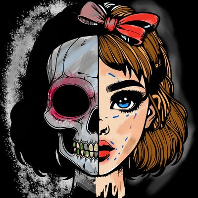 realistic girl with half skull mask