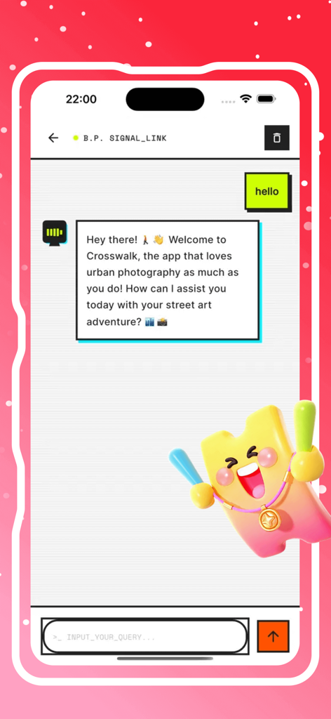 Covol - Covol app chat interface with a digital terminal design featuring a neon character and urban photography assistant