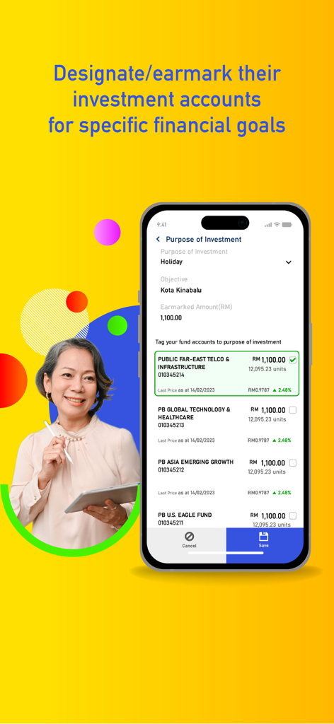 PMO PLUS - A smartphone showing the PMO PLUS app interface for earmarking investment accounts for specific financial goals.