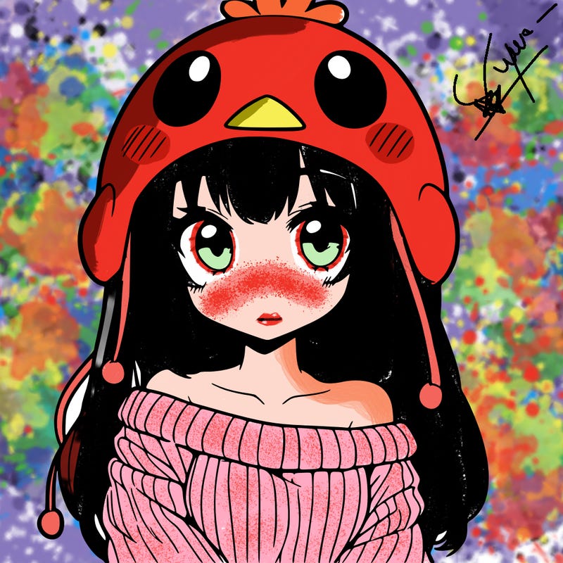 anime girl with chick shaped hat with sweater with bare shoulders with bangs covering them one eye with low tail
