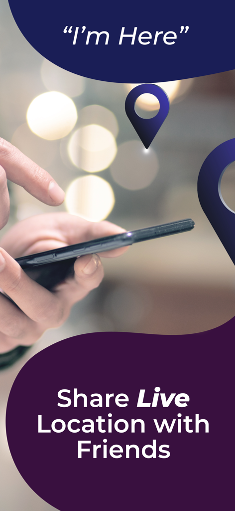 Phone tracker• Find My Friends - Person using a smartphone to share live location with friends using GPS tracking icons.