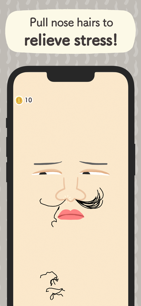 Do Nothing. - A quirky stress relief minigame in the Do Nothing app showing a minimalist face with the instruction to pull nose hairs.