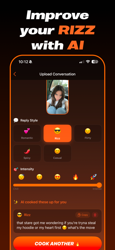 Flirt AI - Rizzmax Wizard - Interfaz de la aplicación Flirt AI mostrando estilos de respuesta como Romántico y Rizz con una línea de ligue generada por IA basada en una foto subida.
