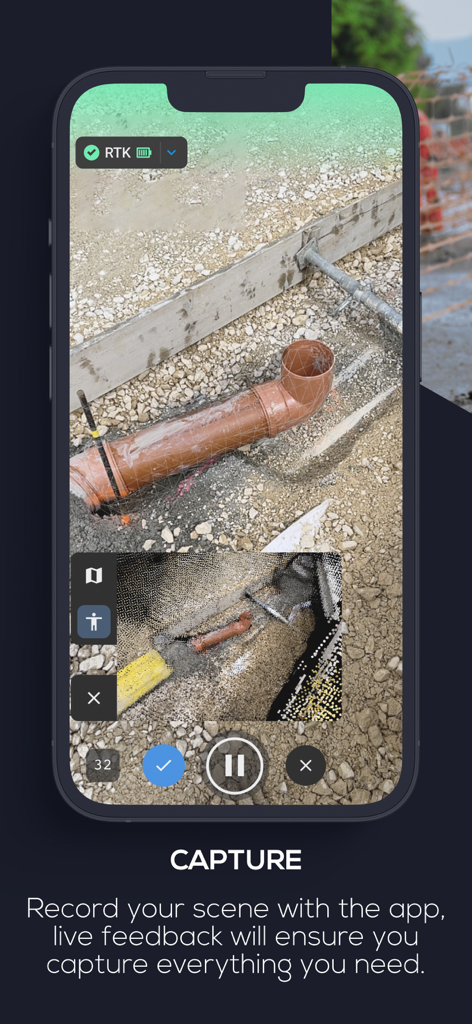 PIX4Dcatch: 3D scanner - PIX4Dcatch app interface capturing a 3D model of underground pipes on a construction site