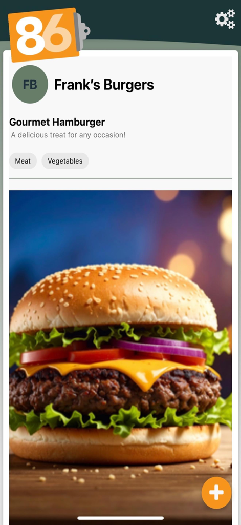 86 - Digital flyer for Frank's Burgers on the 86 app showcasing a gourmet hamburger