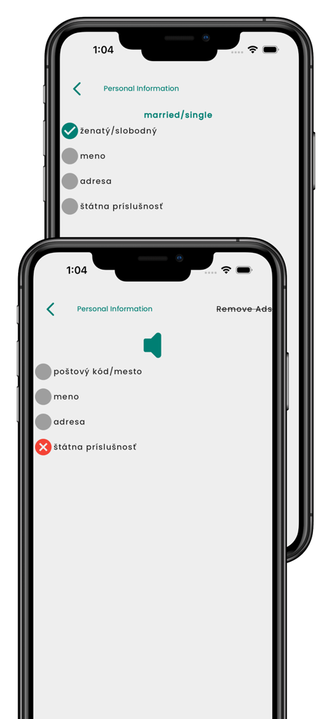 Deux écrans d'iPhone de l'application Apprendre le slovaque montrant des leçons de vocabulaire d'informations personnelles et un quiz de prononciation audio.