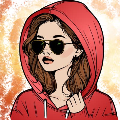 realistic teenage girl, wearing a hoodie and sunglasses