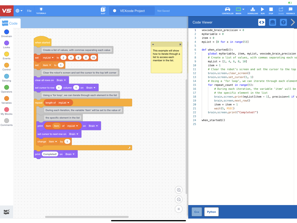 VEXcode V5 interface showing visual block coding and equivalent Python script side by side.