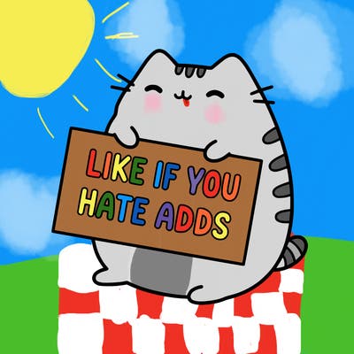 a kawii pusheen cat holding a sign that says like if you hate adds