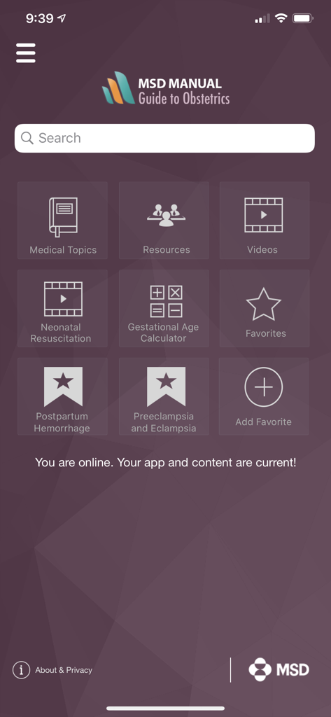 MSD Manual Guide to Obstetrics - Home screen of the MSD Manual Guide to Obstetrics app showing medical topics, videos, and a gestational age calculator.
