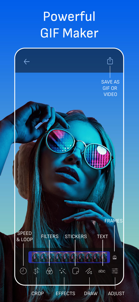 GIF Maker Studio - Create Fun - Captura de pantalla de la interfaz de la aplicación GIF Maker Studio mostrando funciones de edición como filtros y stickers