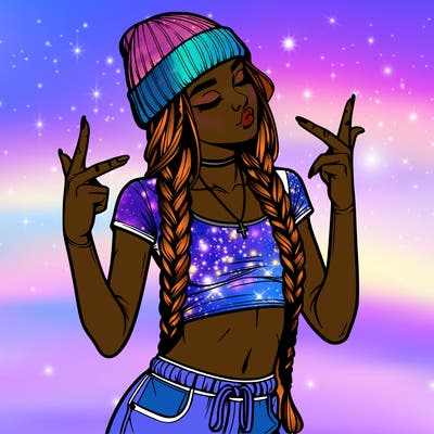 realistic teenage girl with braids and a beanie and crop top doing 🫶🏼