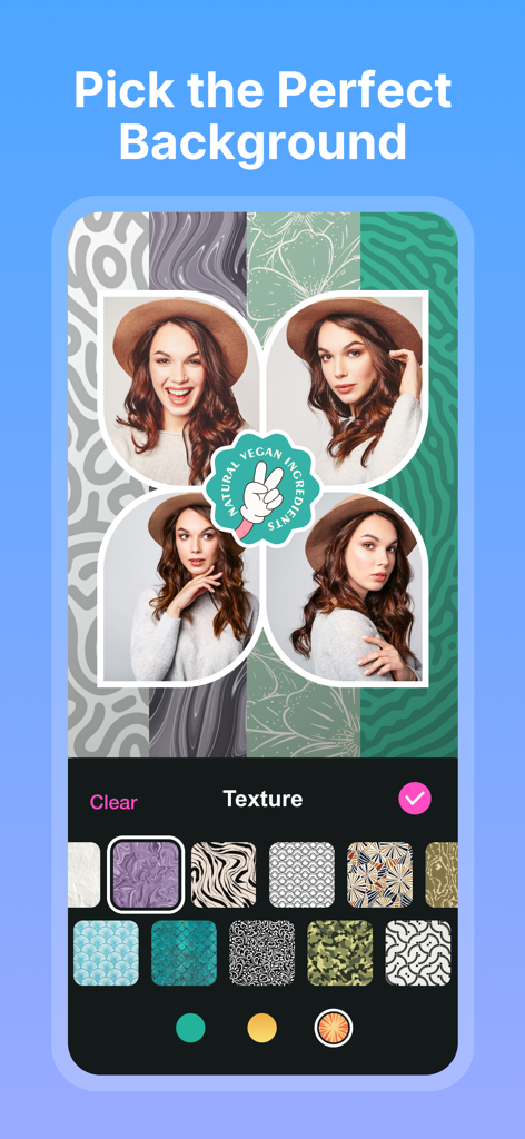 Collage Maker - Photos Editor - Interface do aplicativo Criador de Colagens mostrando uma colagem de quatro fotos com várias opções de textura de fundo artística.