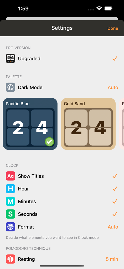 FlipClock: Always On Display - Interface for FlipClock app settings showing palette themes and clock display options