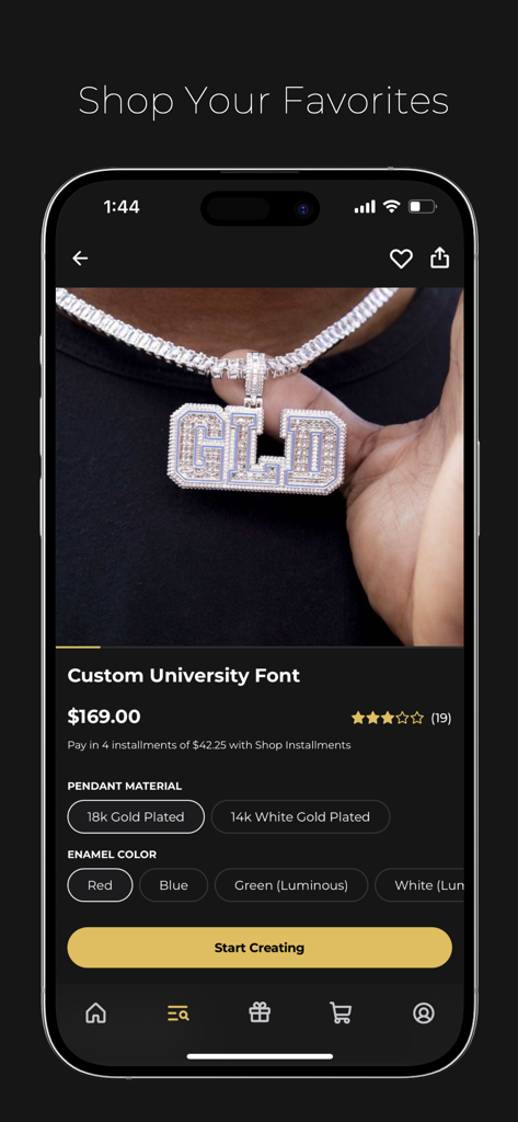 The GLD Shop - A custom university font pendant being personalized in the GLD Shop mobile app.