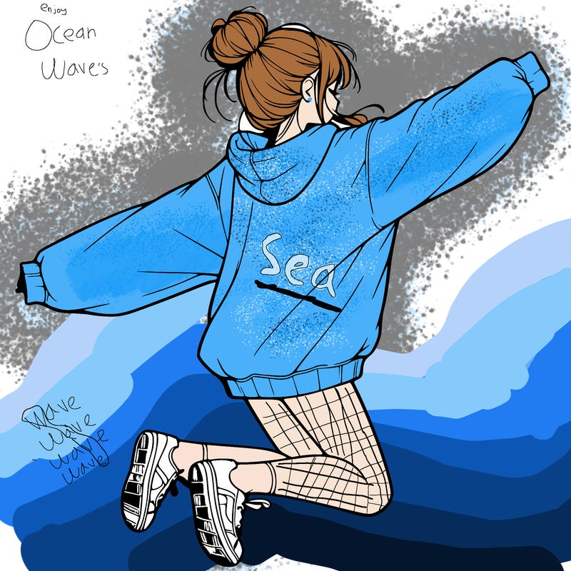 realistic girl jumping with a bun and oversized sweatshirt