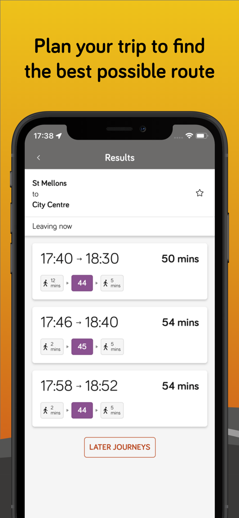 A aplicação Cardiff Bus mostra várias opções de rota e tempos de viagem para uma viagem planeada.