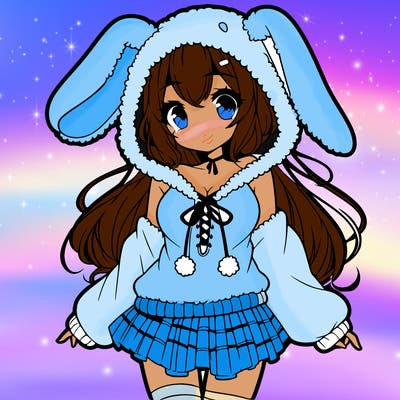 pretty anime girl wearing a fluffy hoodie with bunny ears on the hood and a skirt