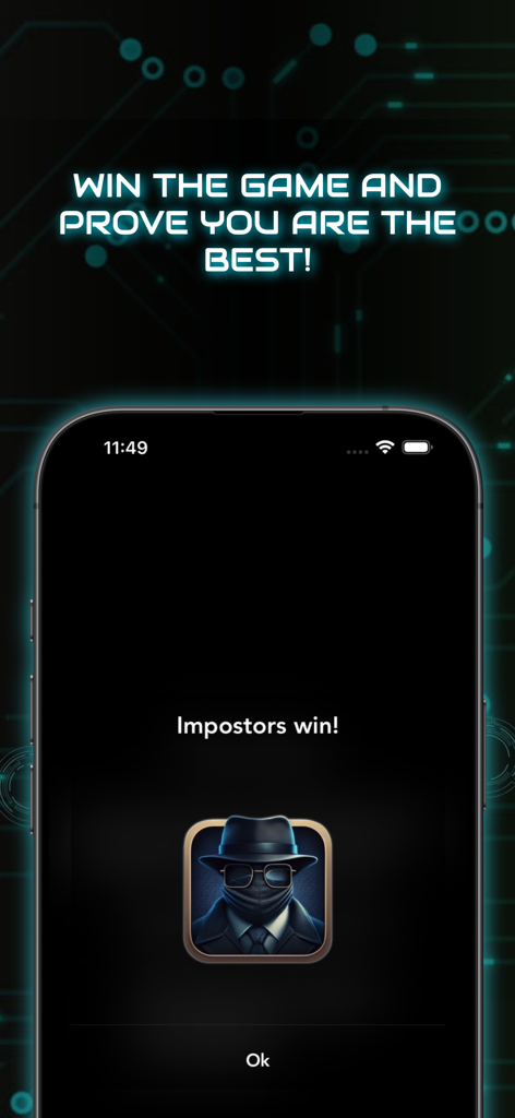 Victory screen of Imposter Party Word Game displaying the message Impostors win and an icon of the imposter character.