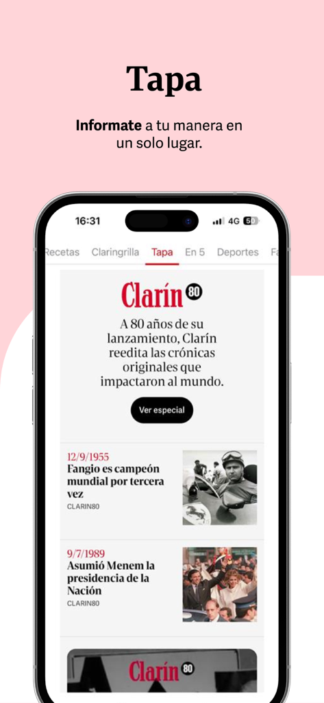 Clarín.com - Front page of the Clarín news app showing historical Argentine news headlines