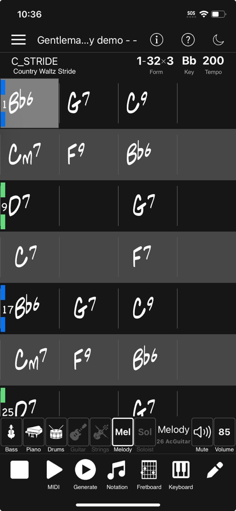 Band-in-a-Box iOS app chord sheet interface showing musical chords and instrument controls for a country waltz style song