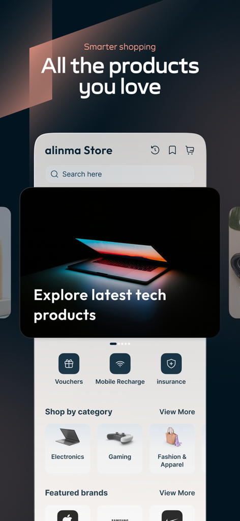 Alinma App - تطبيق الإنماء - Alinma App digital store interface displaying product categories for electronics and fashion
