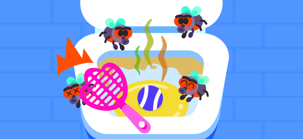 Cocobi Home Clean Up - Decor - Una escena de dibujos animados de un juego infantil que muestra un inodoro siendo limpiado con un matamoscas rosa para atrapar moscas.