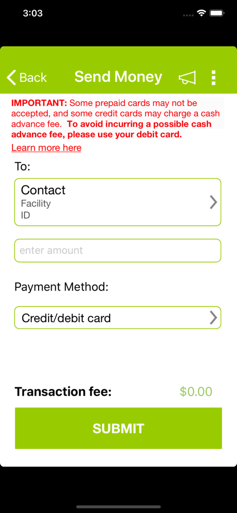 JPay - JPay mobile App-Bildschirm zum Senden von Geld an einen inhaftierten Kontakt, der Transaktionsdetails und die Auswahl der Zahlungsmethode zeigt