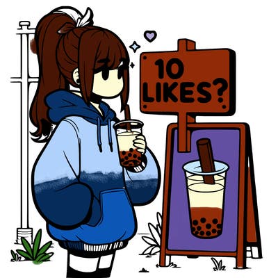 girl with oversized hoodie drinking boba and she has a high ponytail with a sign that says 10likes?