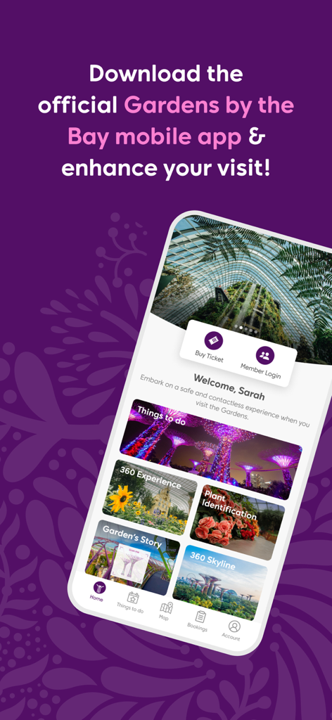 Gardens by the Bay - Offizielle mobile App-Oberfläche von Gardens by the Bay mit Optionen für Ticketbuchung, Pflanzenidentifizierung und 360-Grad-Erlebnisse.