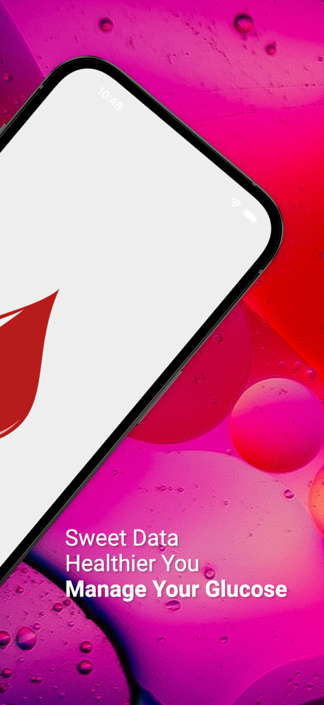 Blood Sugar Level app intro screen with a blood drop icon and the text Manage Your Glucose