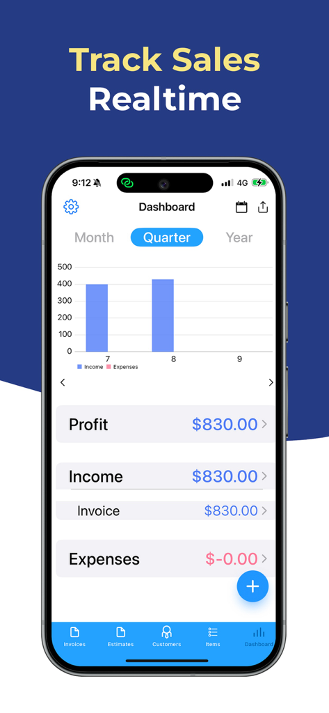 POS Simple- Tap to Pay Receipt - iPhone screenshot of the POS Simple app dashboard showing a real-time sales bar chart and financial summaries for profit and expenses.