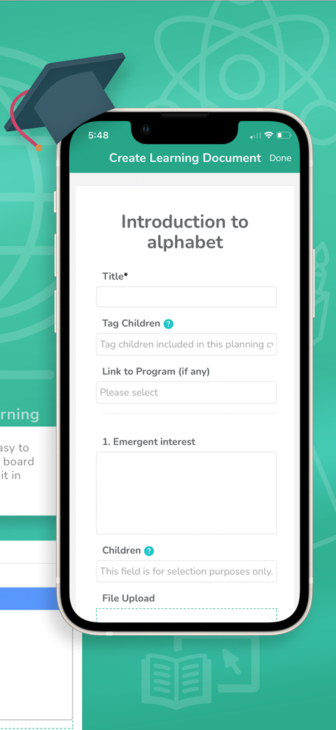 Smartphone screen showing the Create Learning Document feature in the OWNA Childcare App for educators