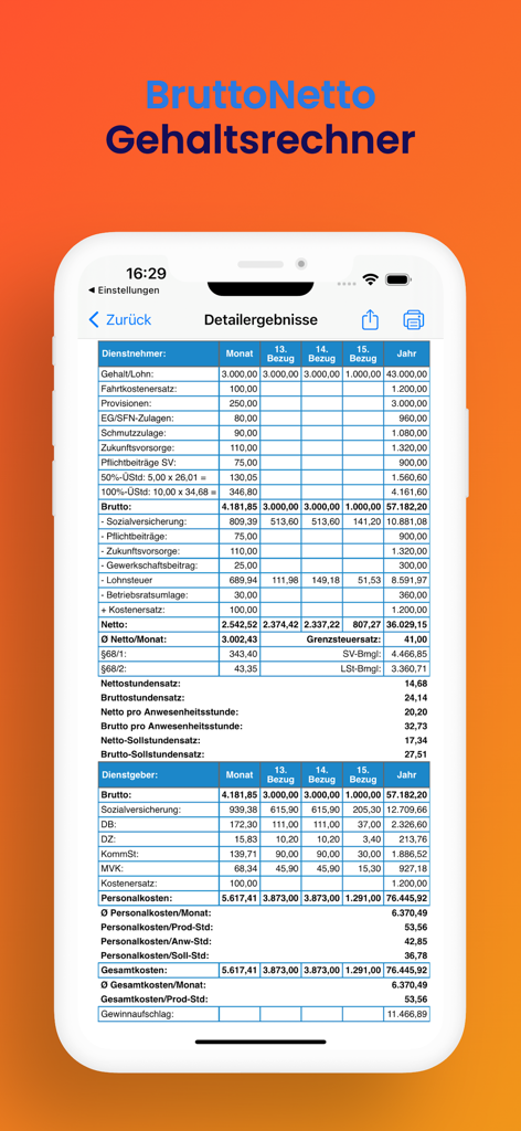 BruttoNetto - Vista detallada de los cálculos de salario bruto y neto, incluidos impuestos y costos del empleador para Austria