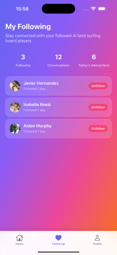 Interface do aplicativo Surfly mostrando uma lista de treinadores de land surfing de IA seguidos e estatísticas de interação do usuário.