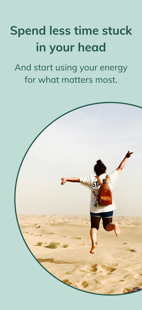 WorryTree: Anxiety Relief - A woman jumping in a desert with text about spending less time stuck in your head