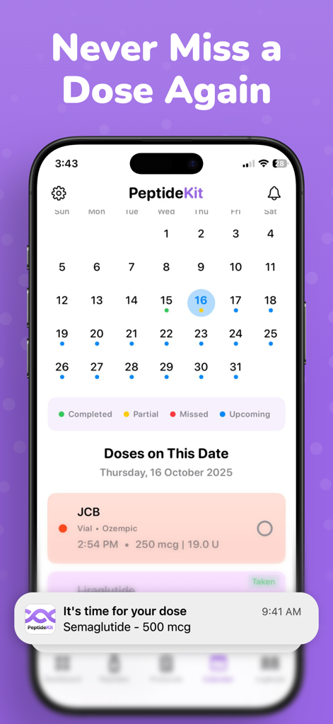 PeptideKit app interface showing a monthly dosage calendar and a push notification for a Semaglutide dose reminder.
